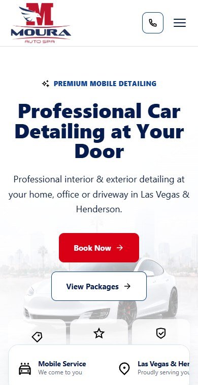 Real mobile Moura Auto Spa website with a service request button