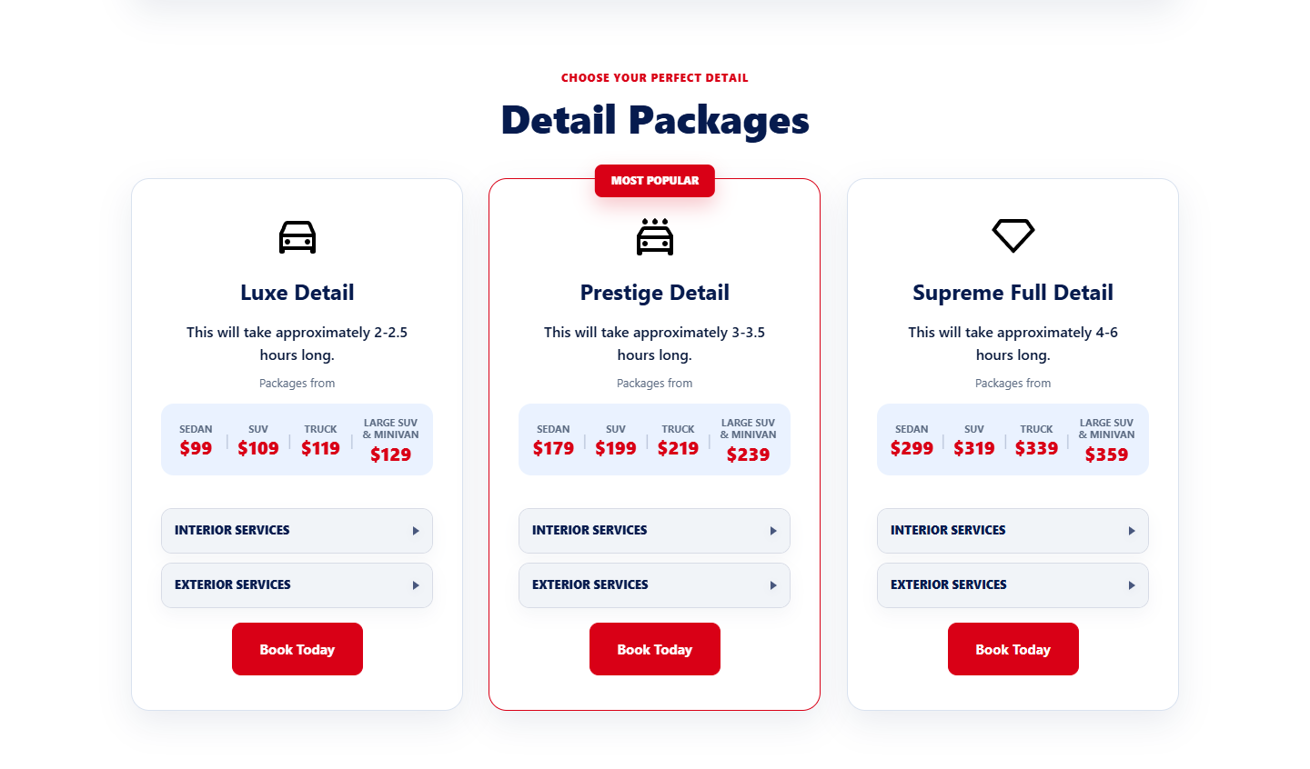 Real Moura Auto Spa packages with vehicle pricing and details for each service