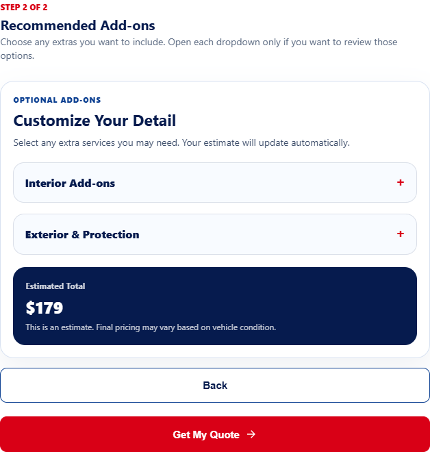 Second step of the real Moura Auto Spa form with optional add-ons